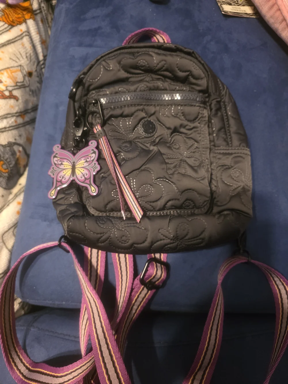Kipling Anna SUI GREY Quilted Mini Backpack with PURPLE Accent Straps